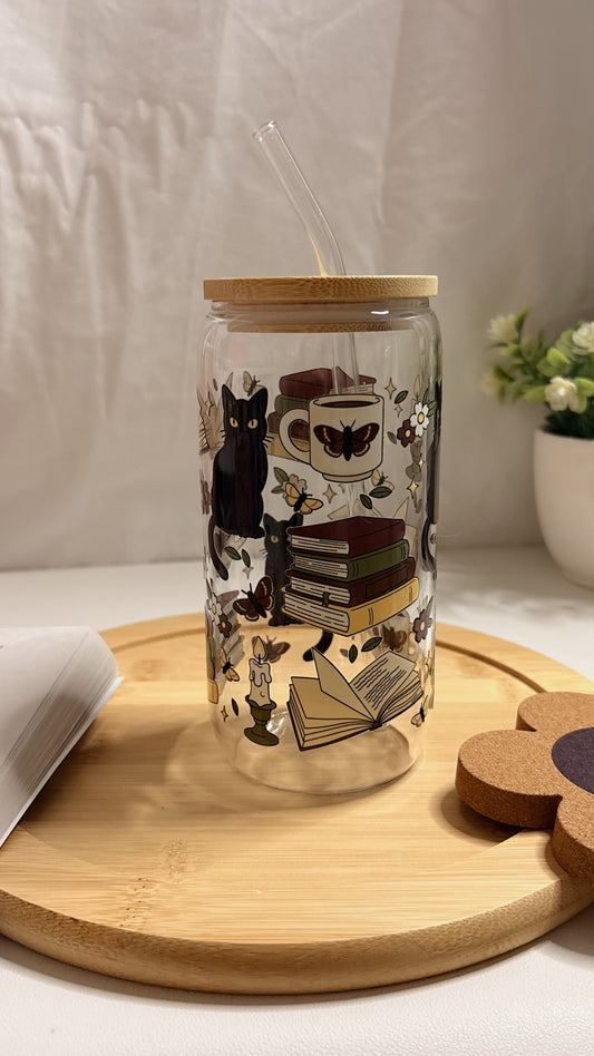 Bookish cat glass cup