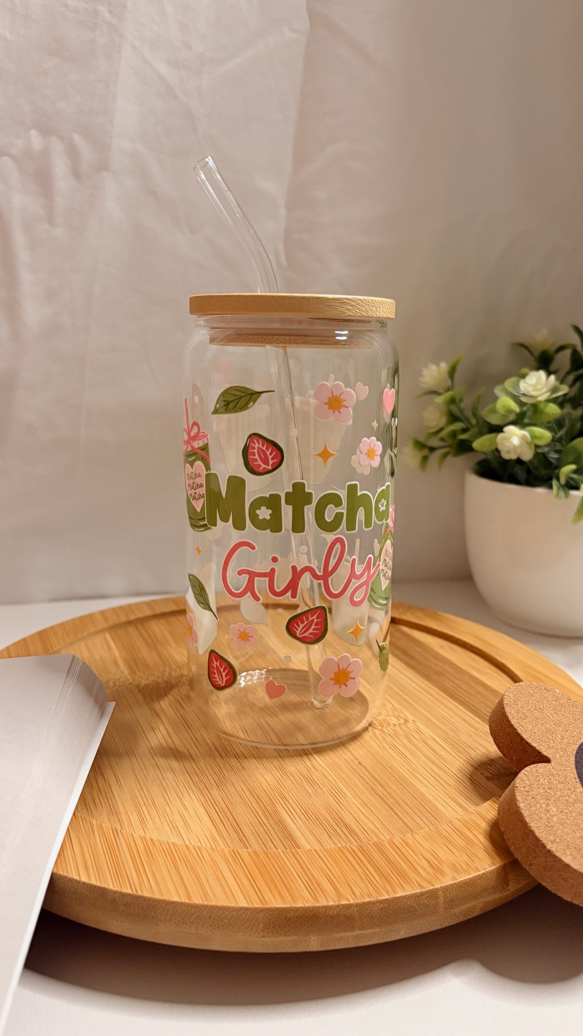 Matcha girly glass cup